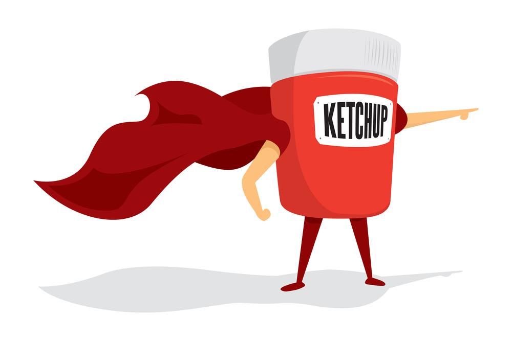 Cartoon illustration of ketchup super hero saving the day