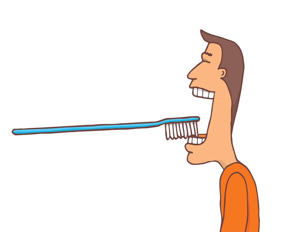 Cartoon illustration of huge tootbrush washing huge open mouth