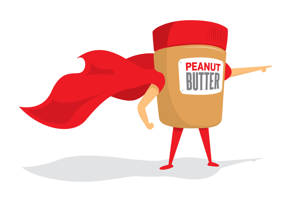 Cartoon illustration of peanut butter jar super hero saving the day