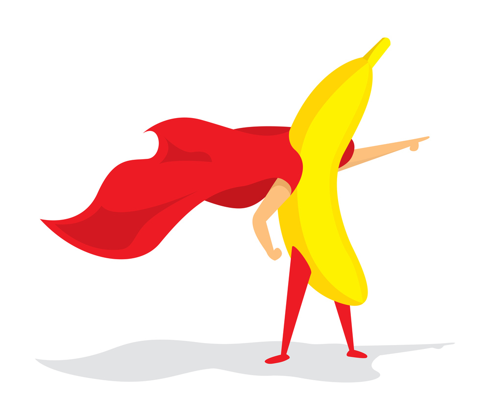 Cartoon illustration of banana super hero saving the day