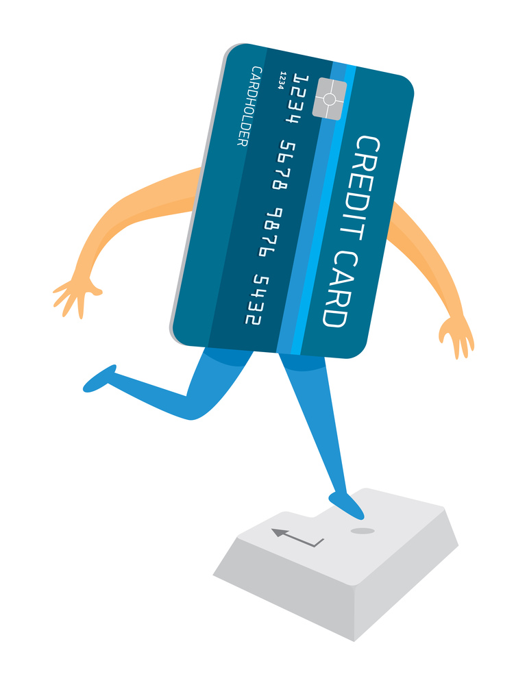 Cartoon illustration of credit card paying or buying online