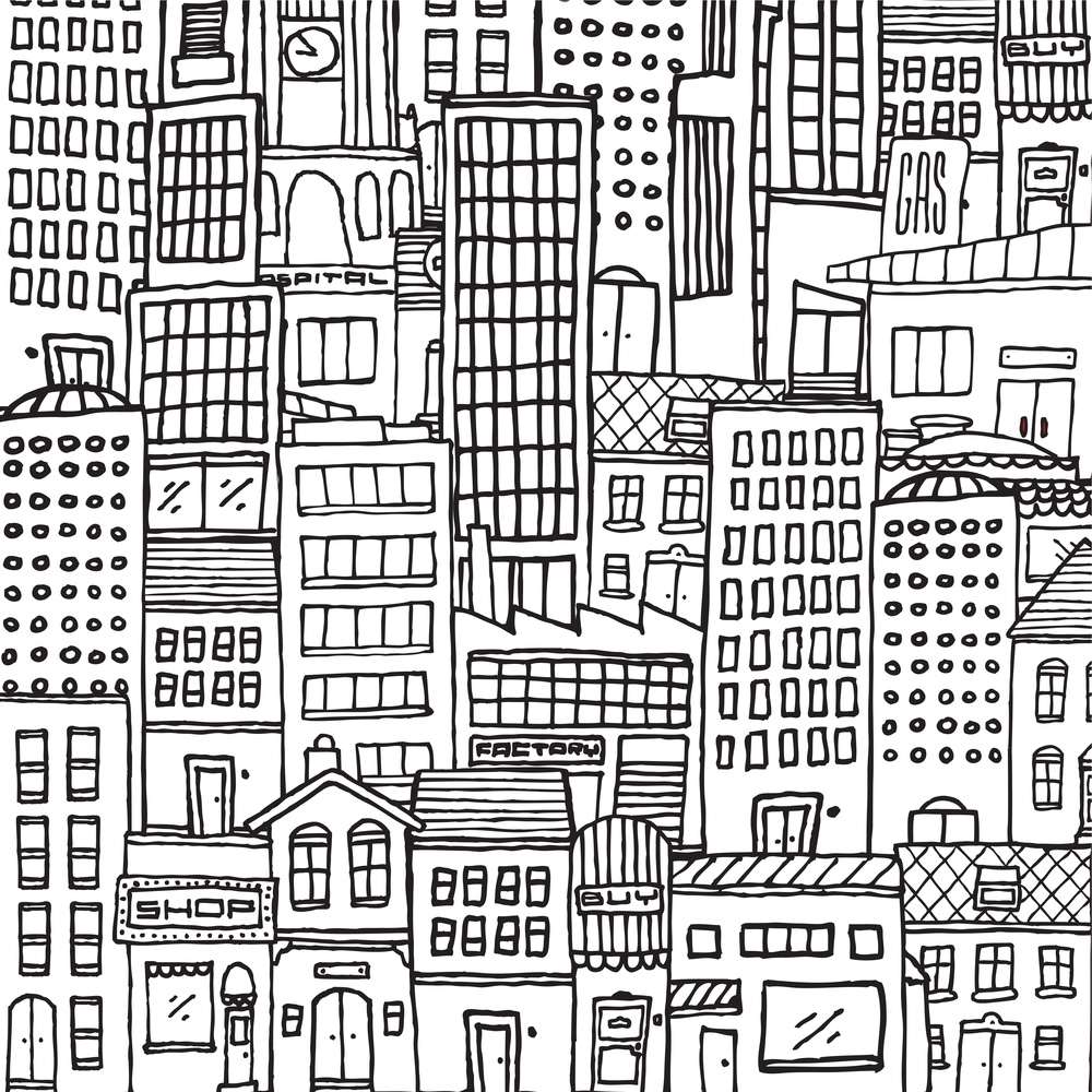 Cartoon illustration background of busy city texture for adult coloring