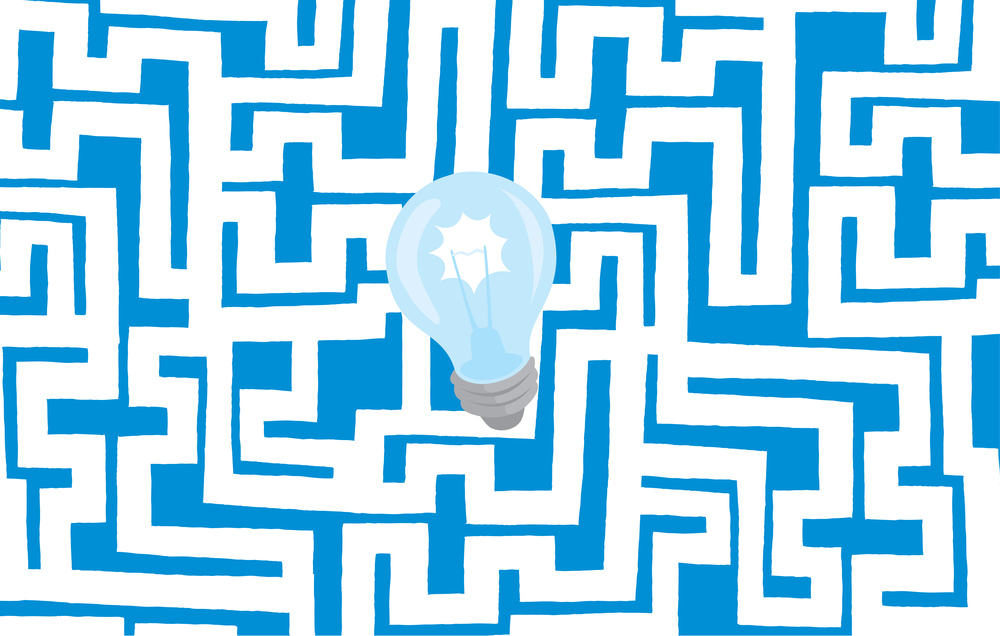 Cartoon illustration of hidden idea lightbulb on complex maze