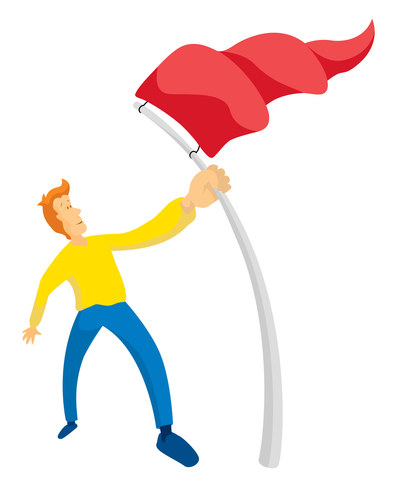 Cartoon illustration of man holding a red flag conquering objectives