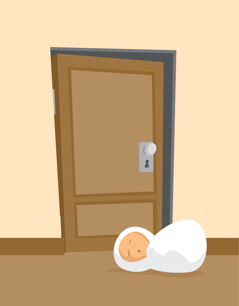 Cartoon illustration of newborn baby left abandoned at doorway