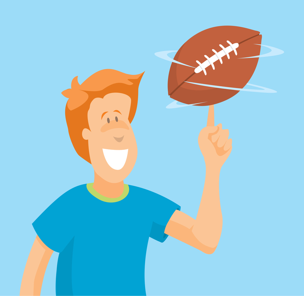 Cartoon illustration of skillful quarterback handling a football ball