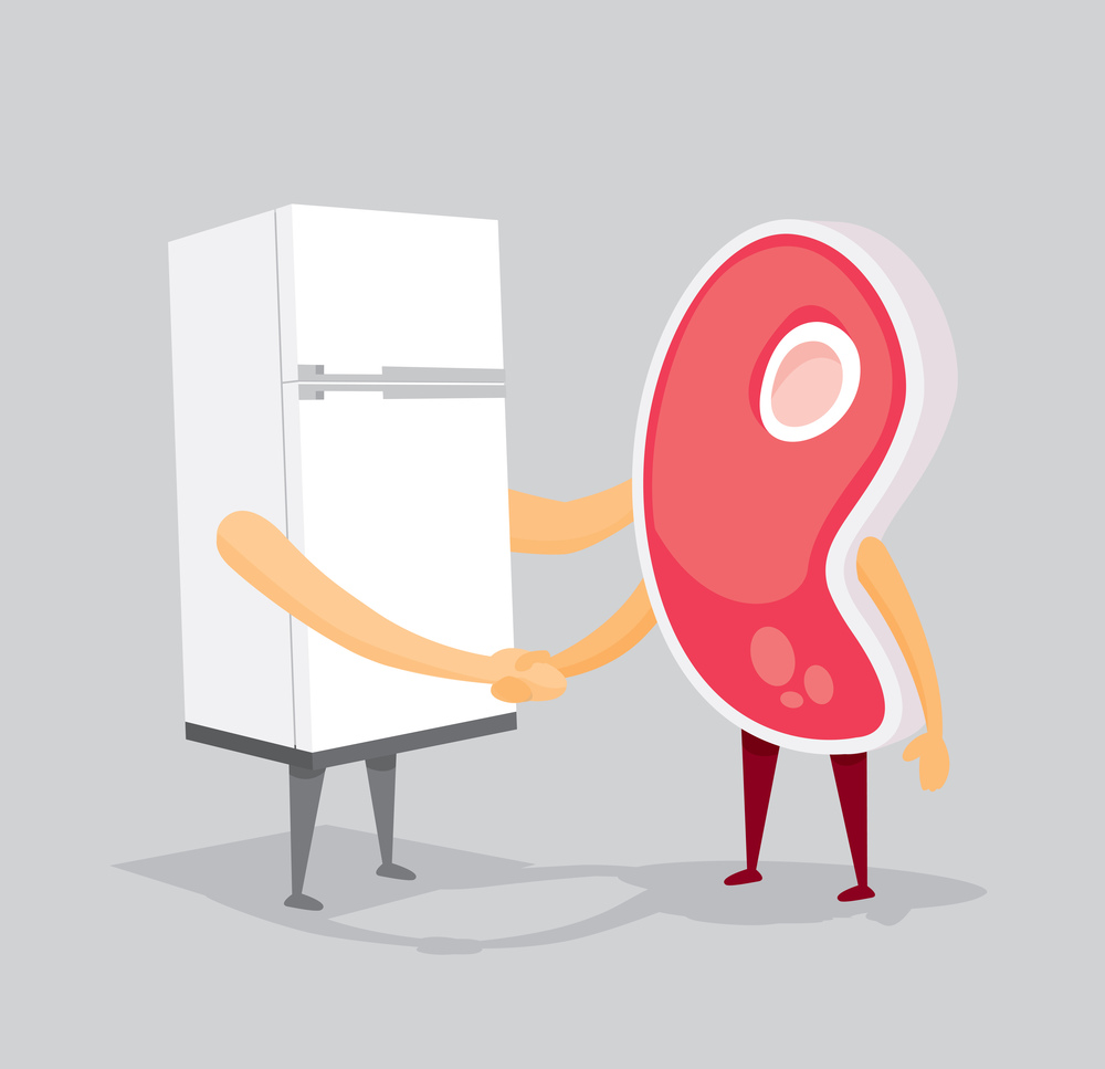 Cartoon illustration of friendly handshake between fridge and meat