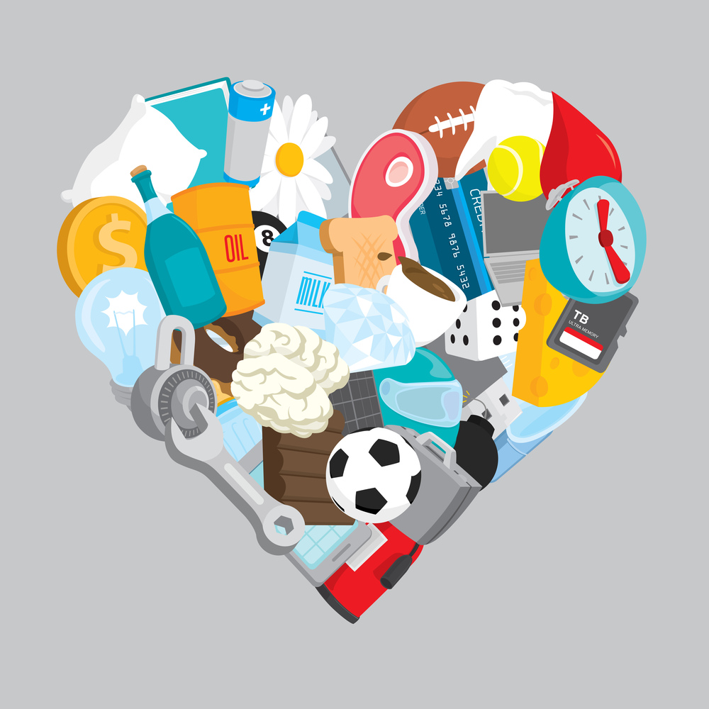 Cartoon illustration of different objects filling a heart