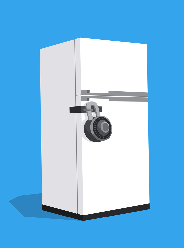 Cartoon illustration of diet fridge locked with combination padlock