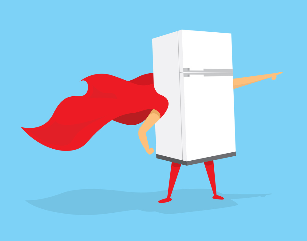 Cartoon illustration of super fridge hero saving the day