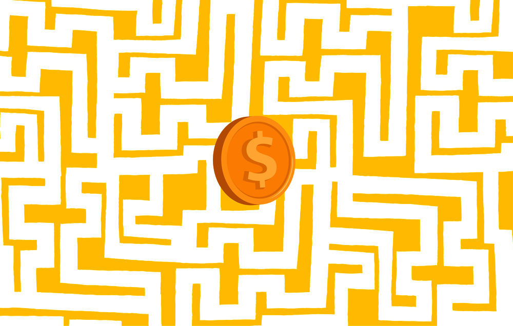 Cartoon illustration of complex maze searching for money or coin
