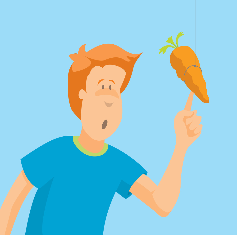 Cartoon illustration of man touching dangling carrot