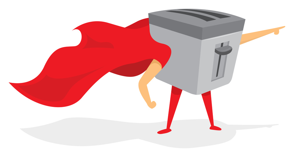 Cartoon illustration of super toaster hero saving the day