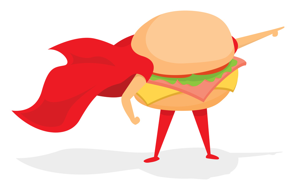 Cartoon illustration of sandwich super hero saving the day