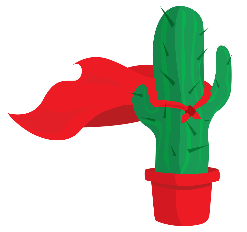 Cartoon illustration of cactus with cape as super hero