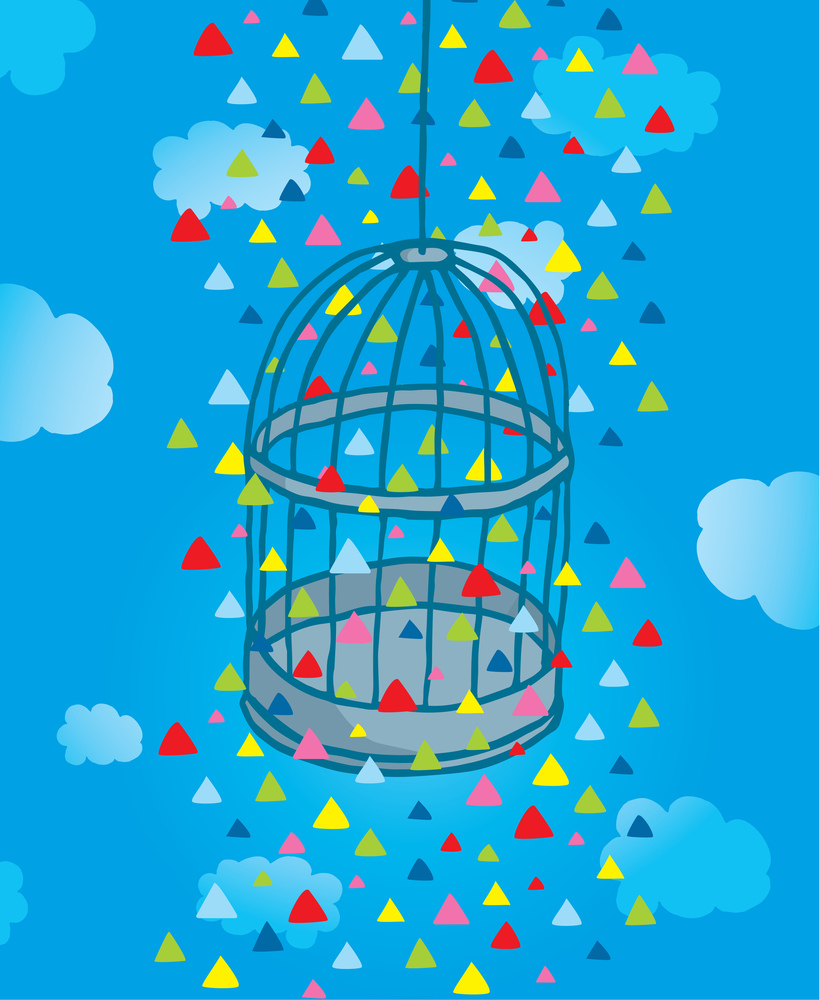 Cartoon illustration of colorful triangles around bird cage
