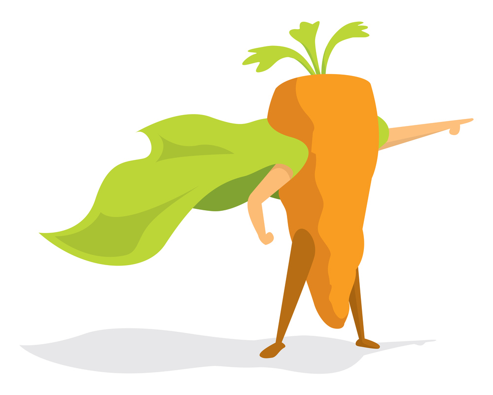 Cartoon illustration of carrot super hero saving the day