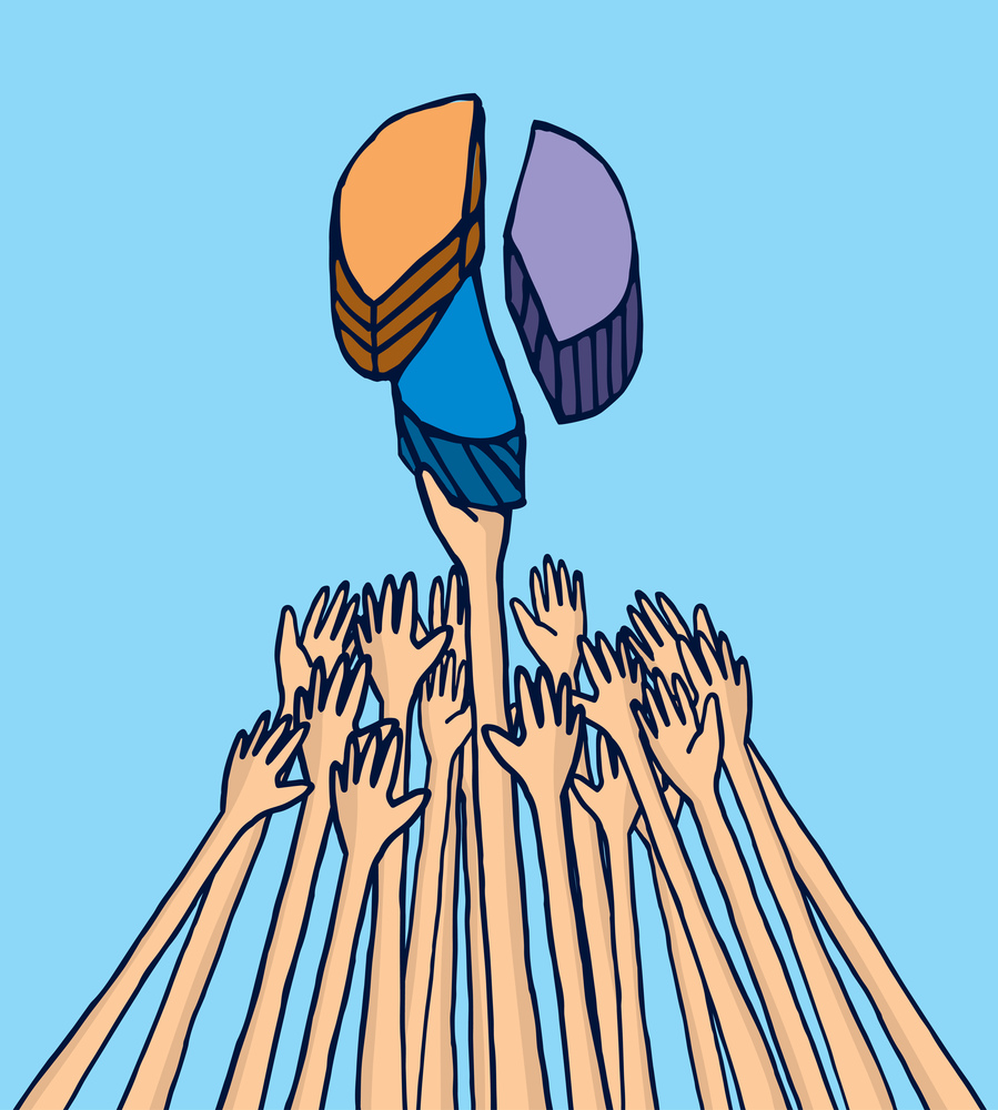Cartoon illustration of hands struggling to get more market share