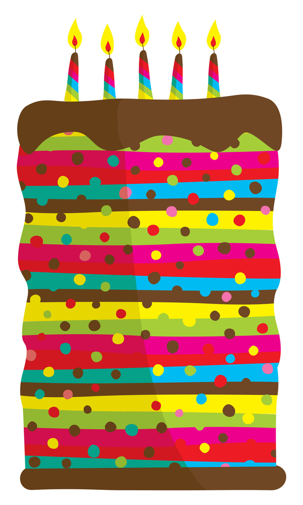 Cartoon illustration of huge colorful birthday cake