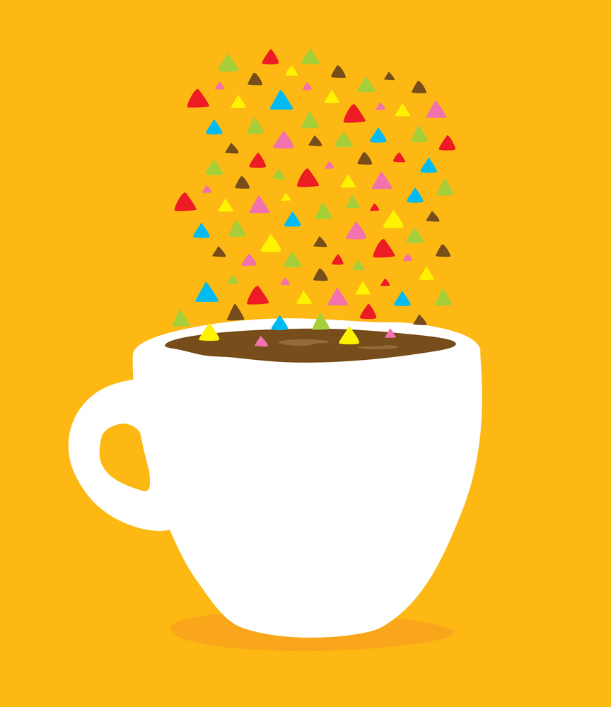 Cartoon illustration of morning coffee with conceptual colorful shapes