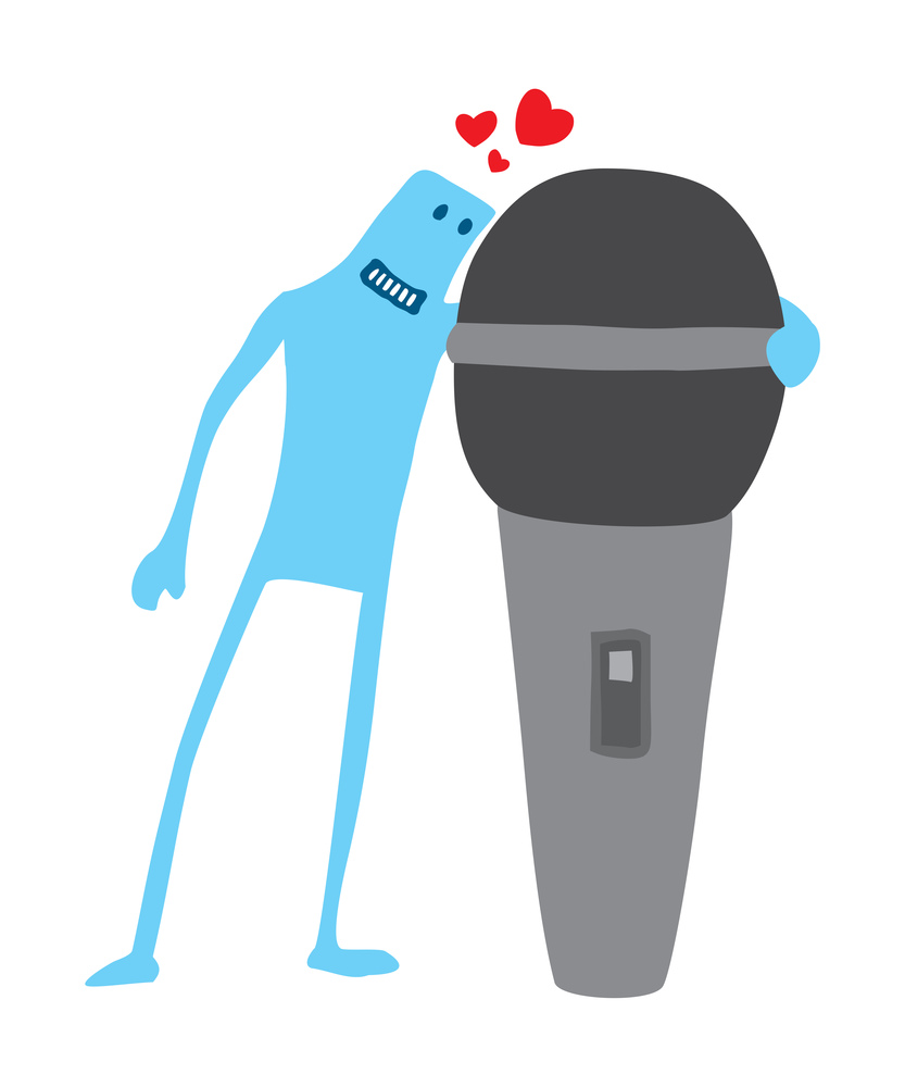 Cartoon illustration of man in love with microphone