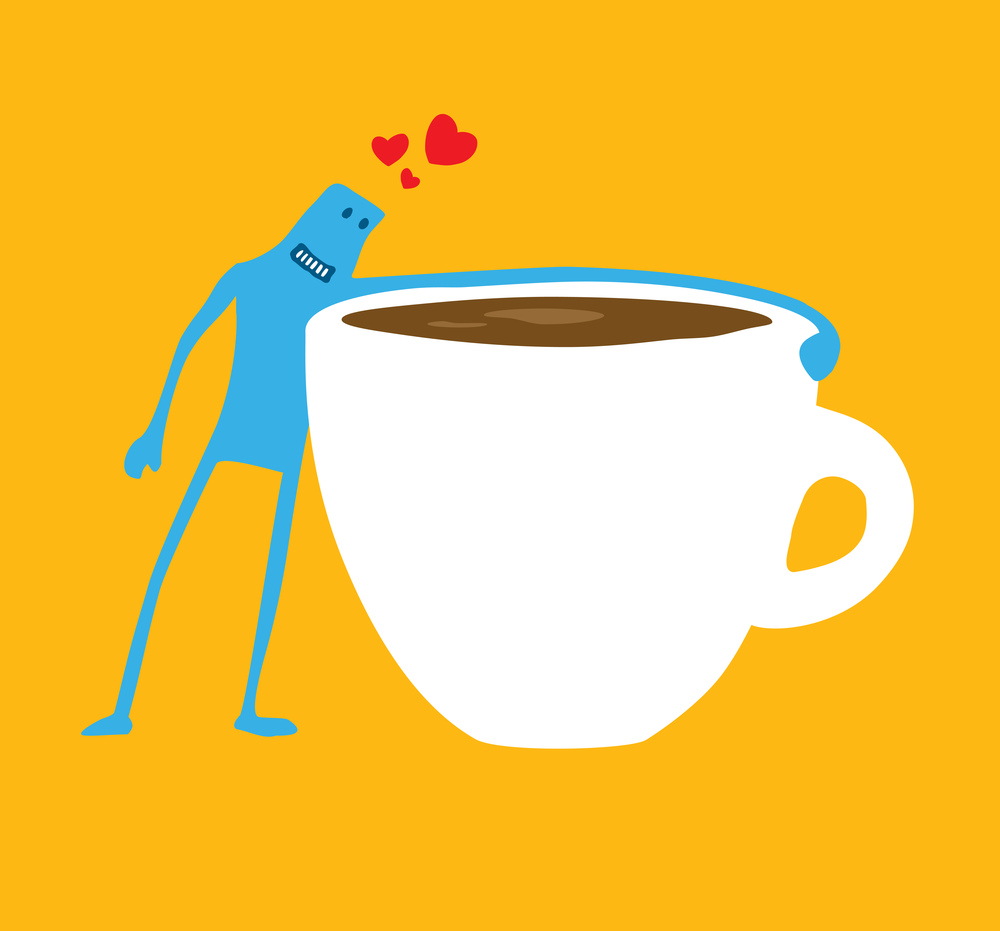 Cartoon illustration of funny character in love with coffee cup