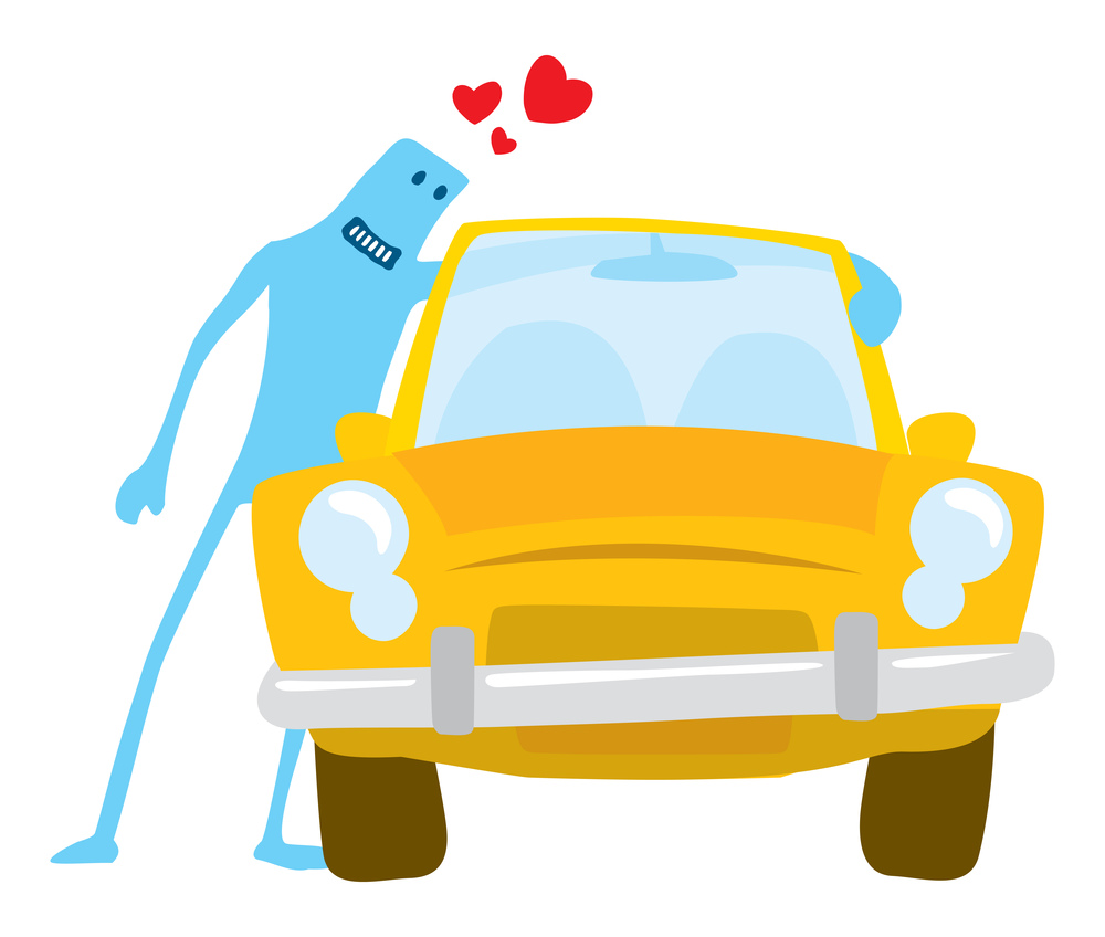 Cartoon illustration of funny man in love hugging his car