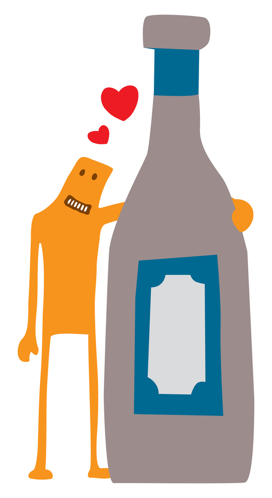 Cartoon illustration of funny character hugging a wine bottle