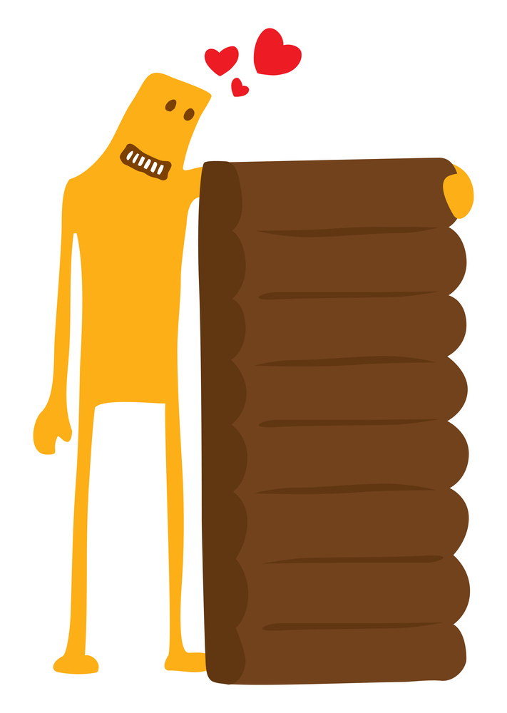 Cartoon illustration of funny character hugging a chocolate bar