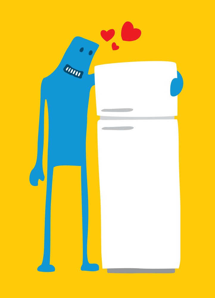 Cartoon illustration of funny character hugging a refrigerator