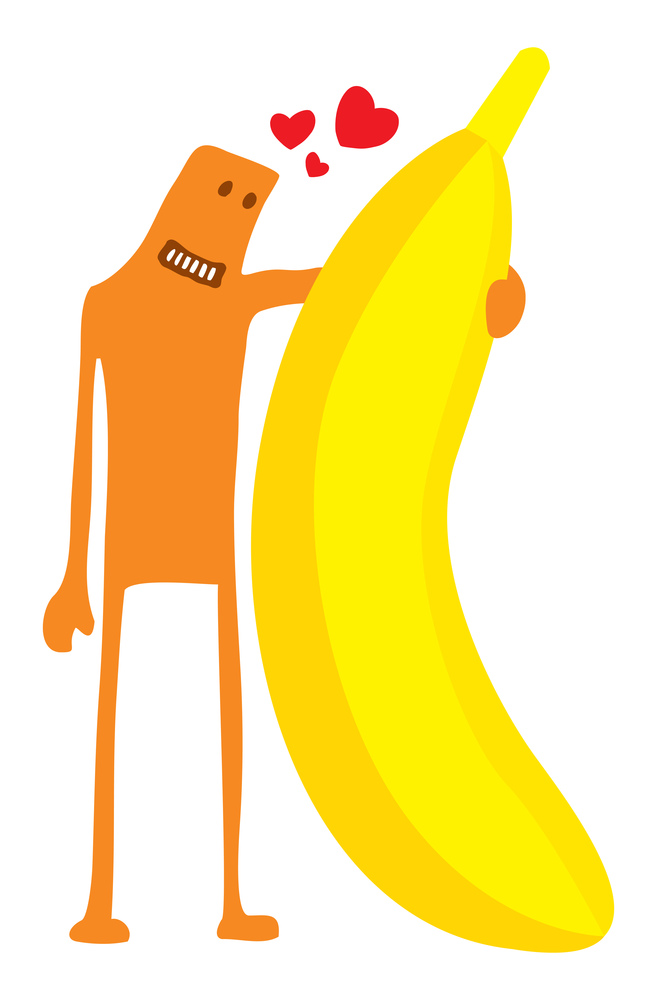 Cartoon illustration of funny character hugging a banana