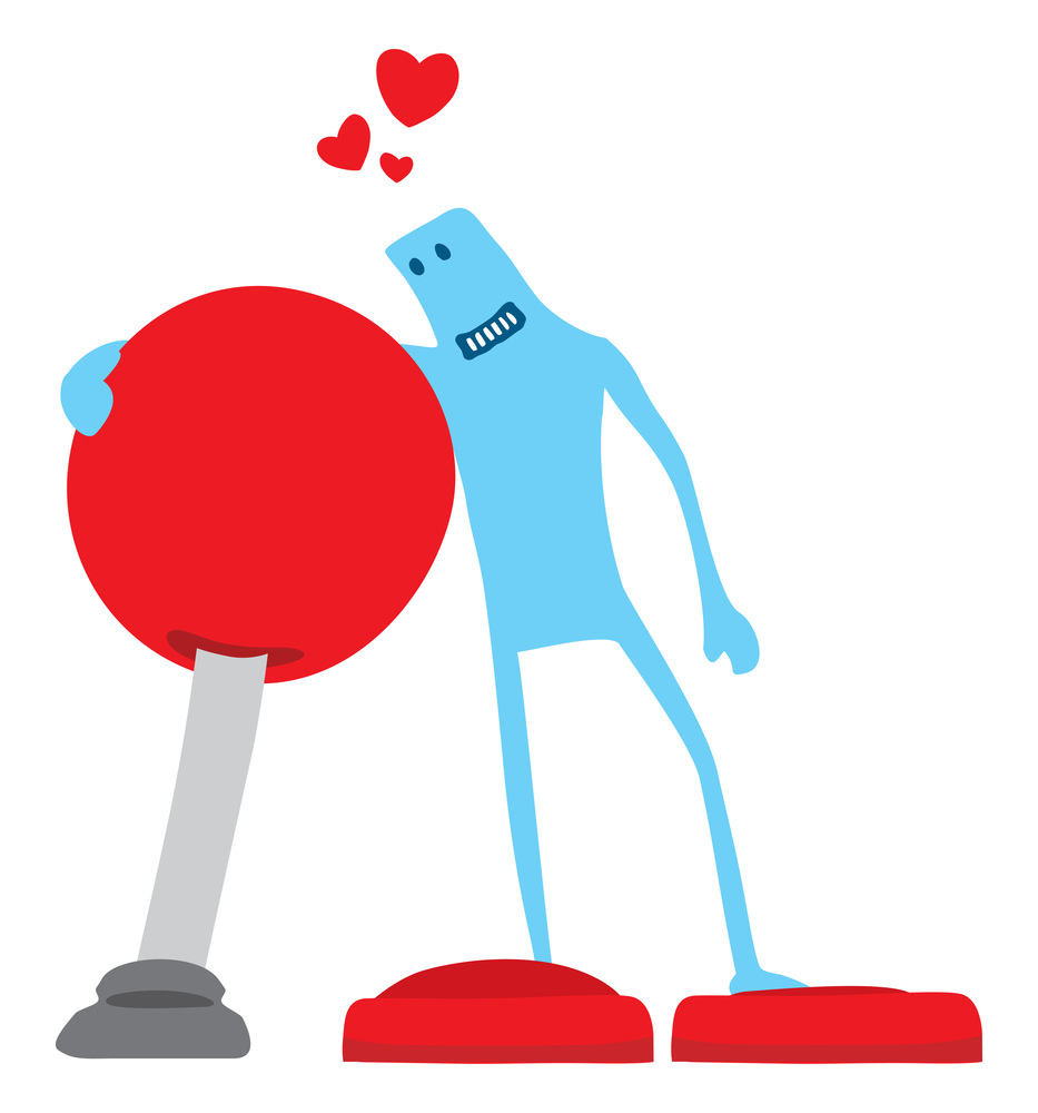 Cartoon illustration of funny gamer character in love with arcade