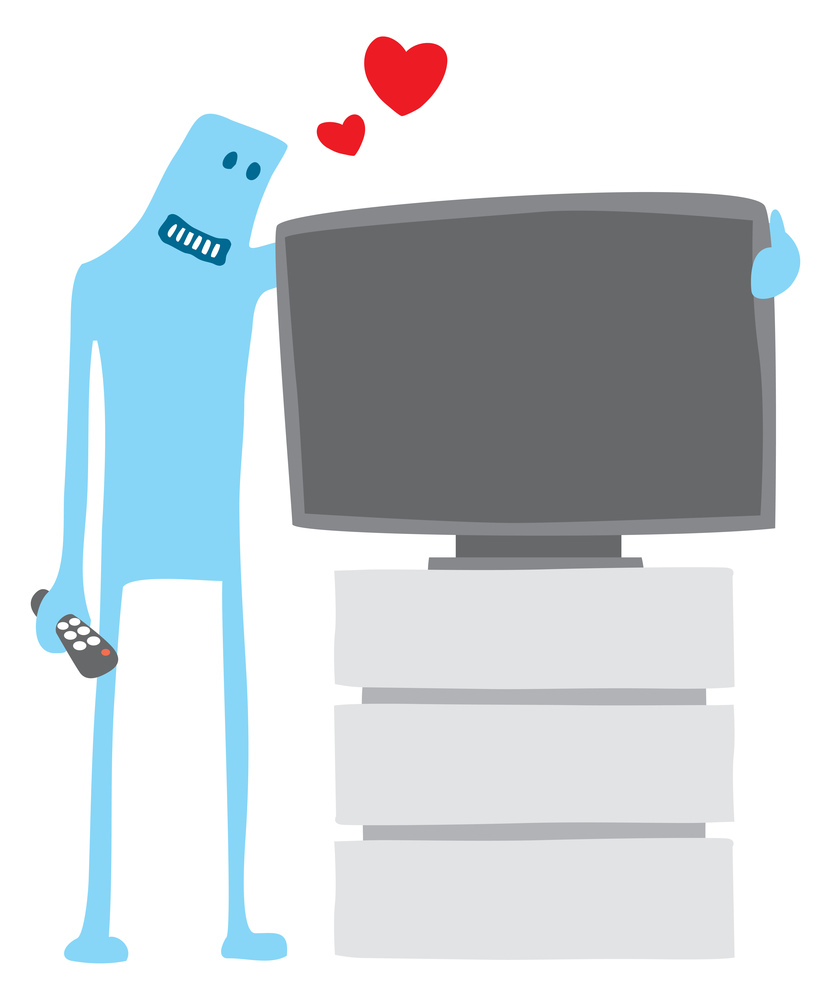 Cartoon illustration of funny character hugging his tv set