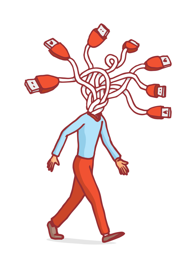 Cartoon illustration of man connecting head or usb network