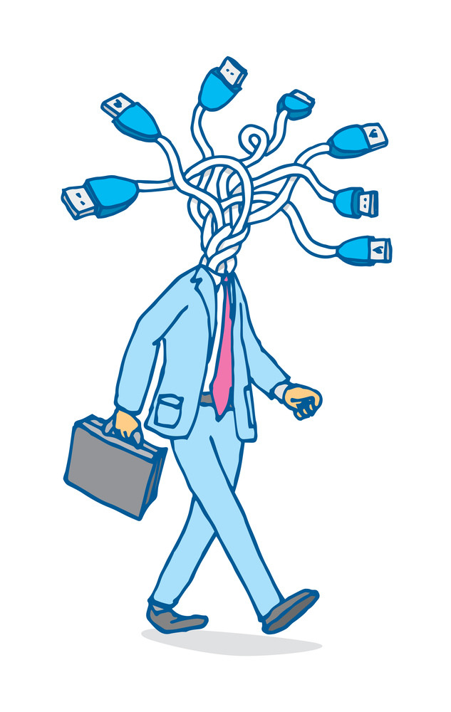 Cartoon illustration of businessman connecting head or usb network