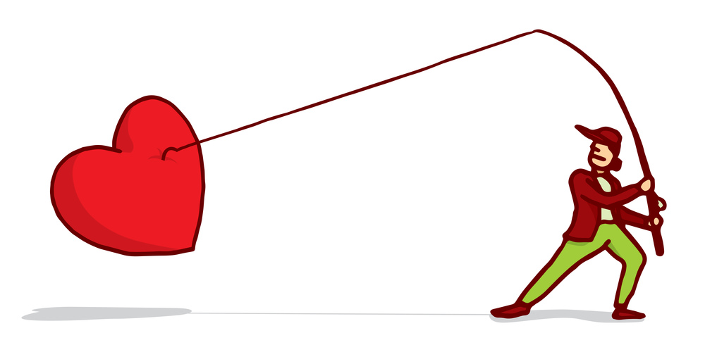 Cartoon illustration of man fishing heart or love