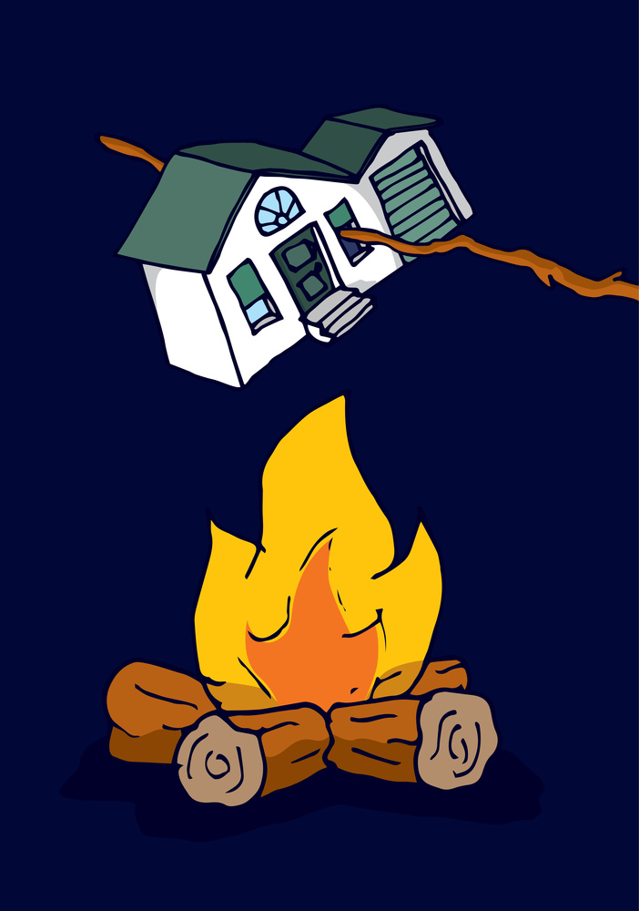 Cartoon illustration of house getting cooked on camp fire