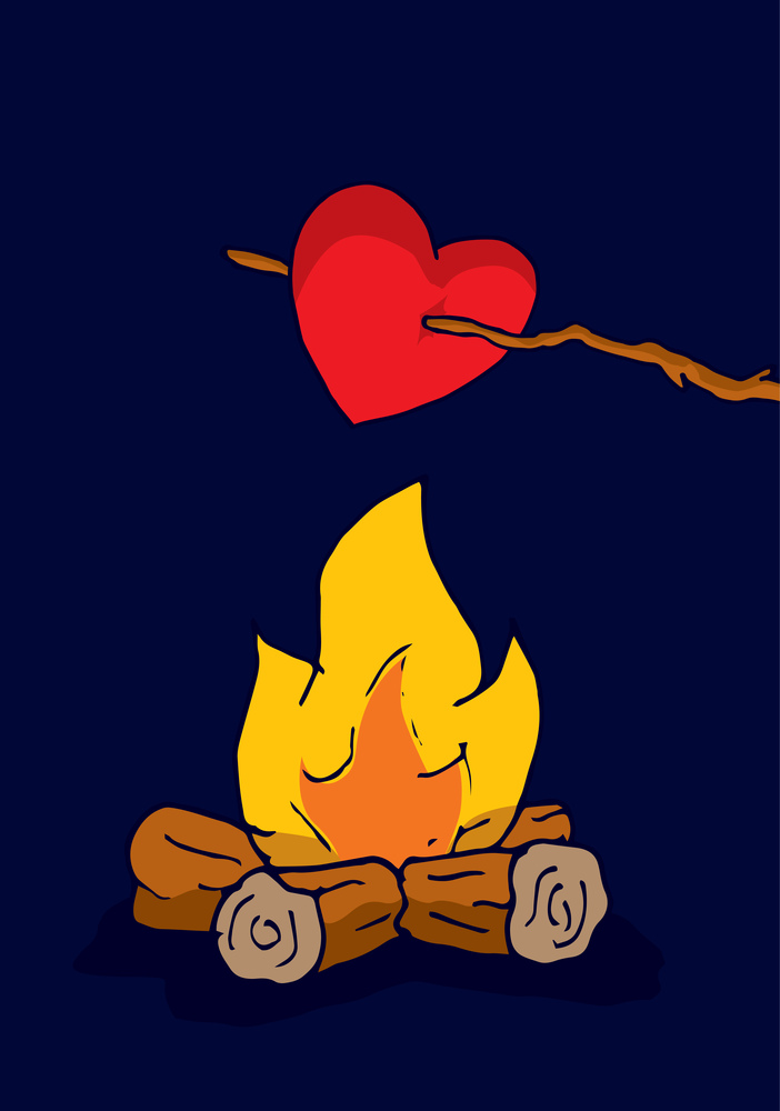 Cartoon illustration of heart cooking in camp fire