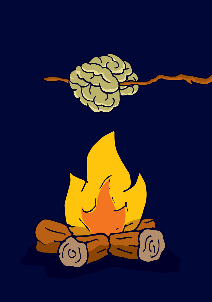 Cartoon illustration of funny brain getting cooked on camp fire