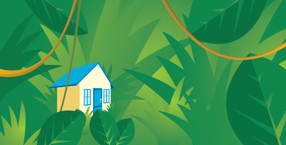Cartoon illustration of small house hidden in jungle