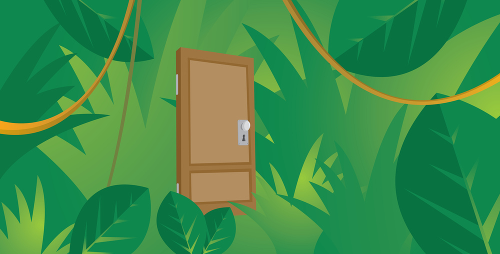 Cartoon illustration of wooden door lost in jungle
