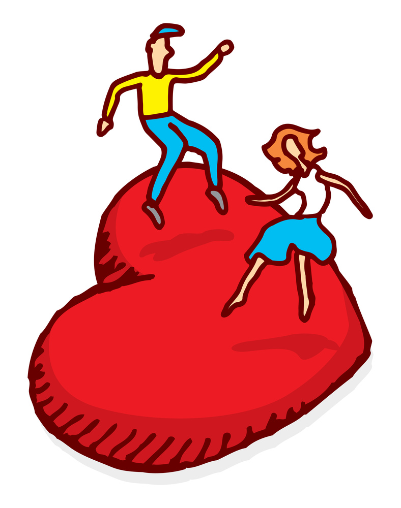 Cartoon illustration of couple in love bouncing on heart