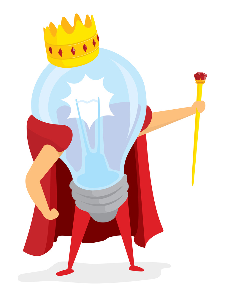 Cartoon illustration of idea king standing with crown