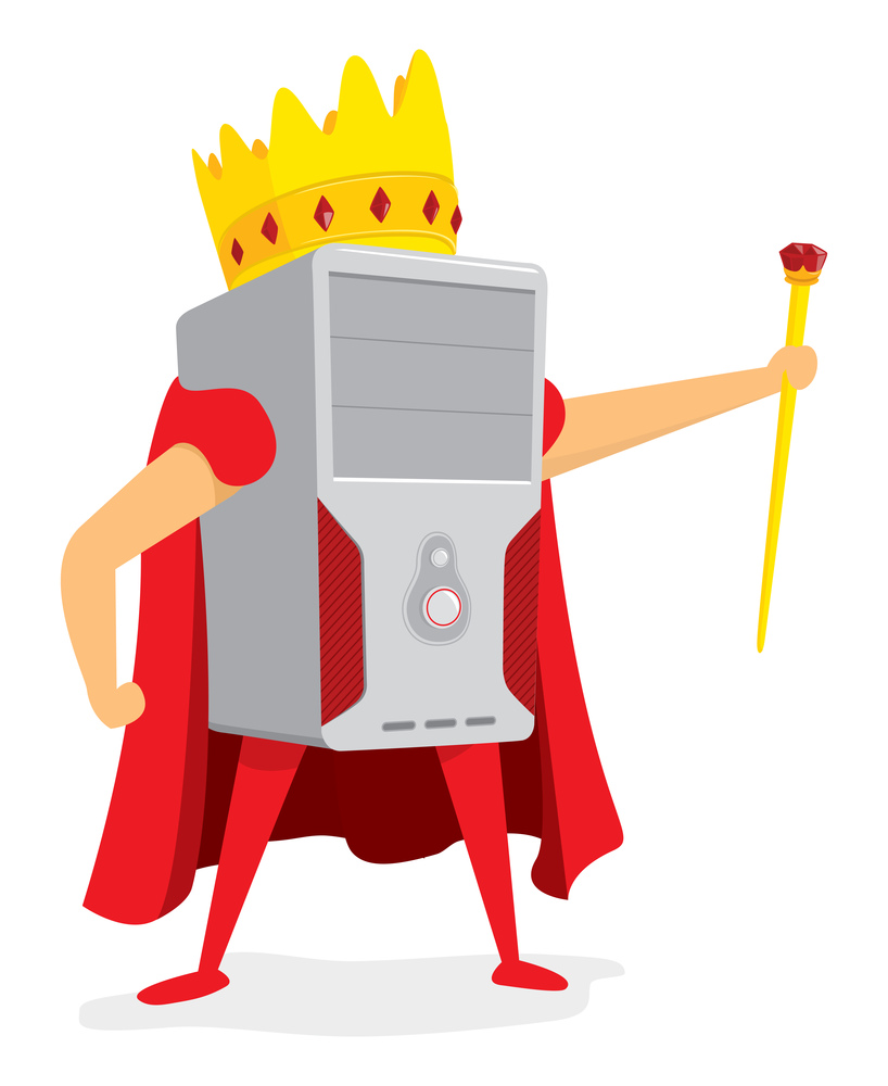 Cartoon illustration of computer king standing with crown