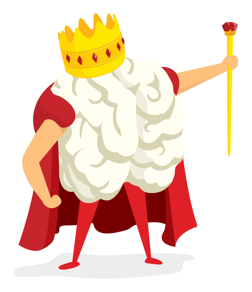 Cartoon illustration of brain king standing with crown