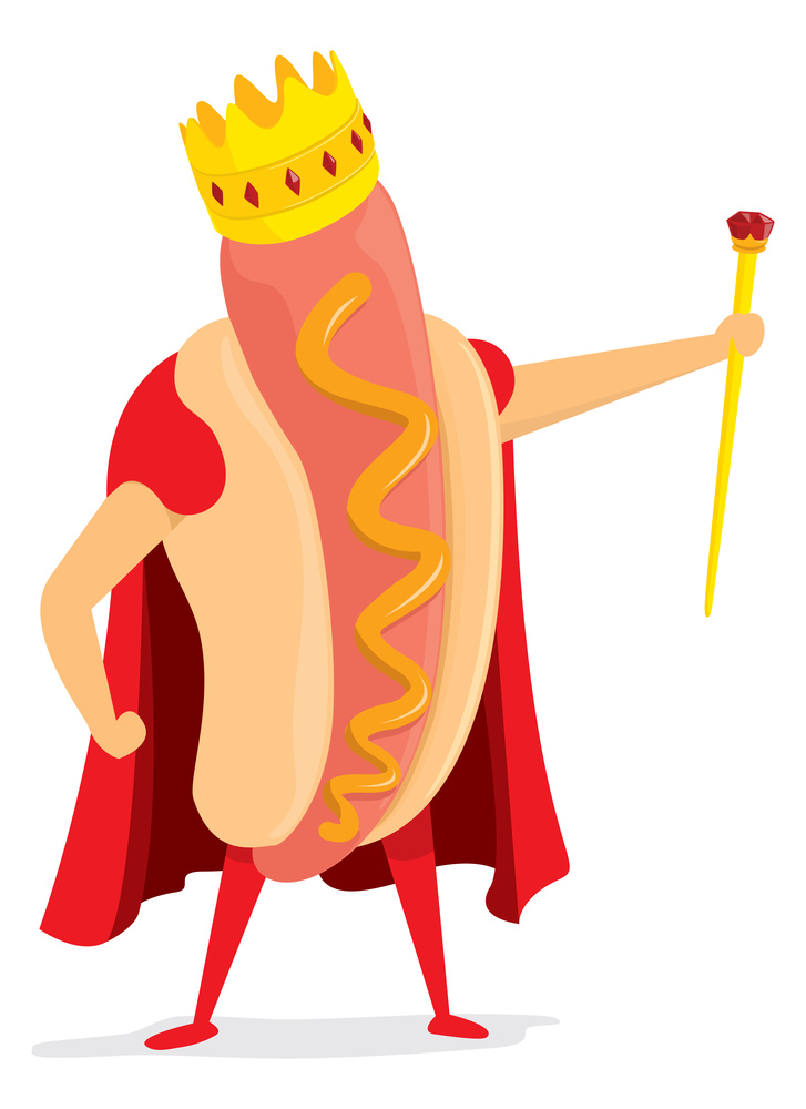 Cartoon illustration of hot dog with mustard and crown