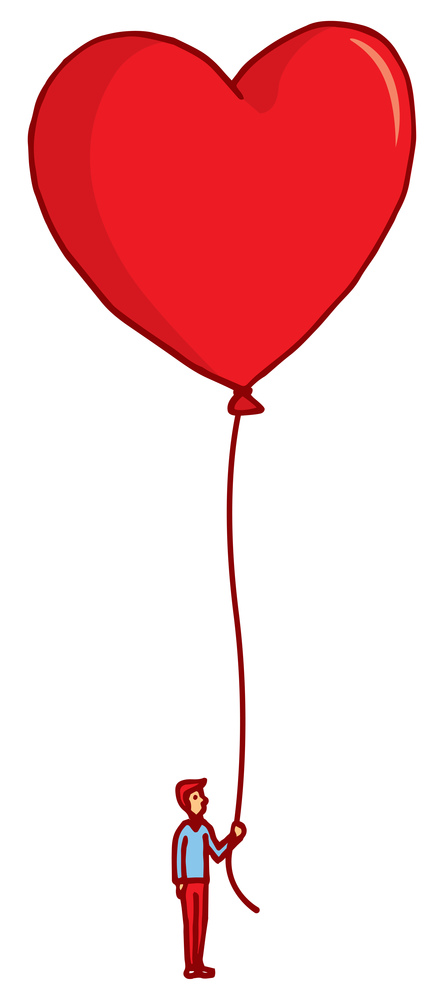 Cartoon illustration of man holding a huge valentine heart