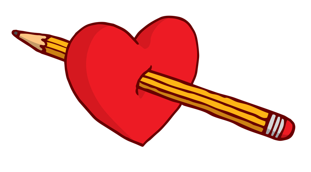 Cartoon illustration of heart stabbed by pencil