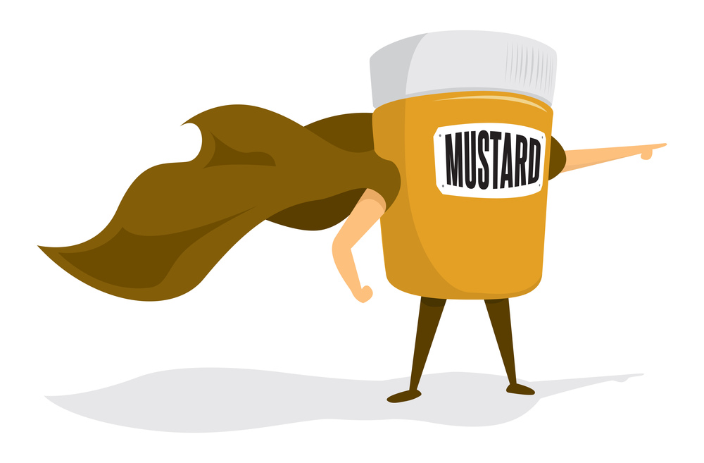 Cartoon illustration of mustard super hero saving the day