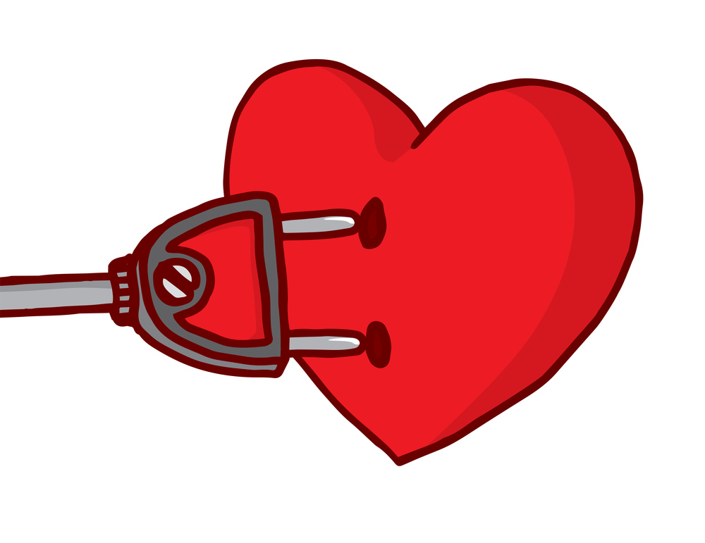 Cartoon illustration of electric plug powering heart or love
